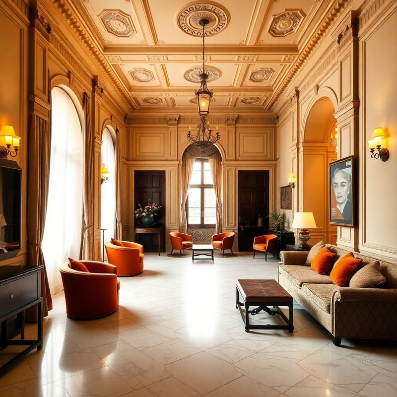 Interior clásico del hotel con techos altos, molduras de escayola y suelos de mármol crema