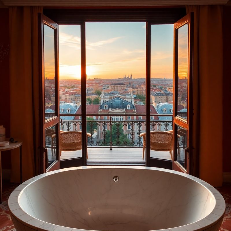 Suite Mirador con bañera de mármol travertino y puertas abiertas a la terraza con vistas al amanecer sobre Madrid